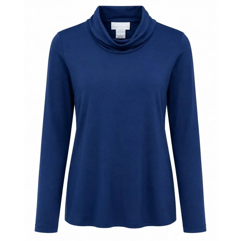 Susan Graver Style Navy Blue Cowl Neck Long Sleeve Top Women's Large
